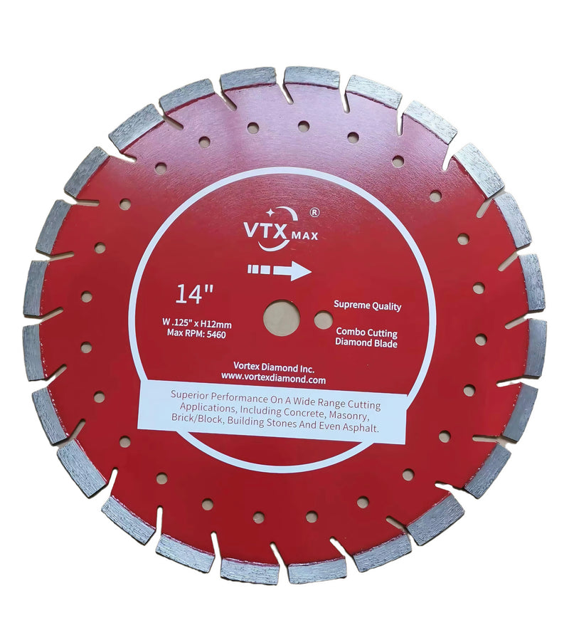 A red diamond saw blade with white segments designed for cutting various materials.