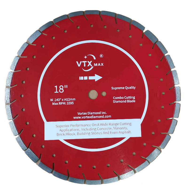 A red diamond saw blade with white segments designed for cutting various materials.