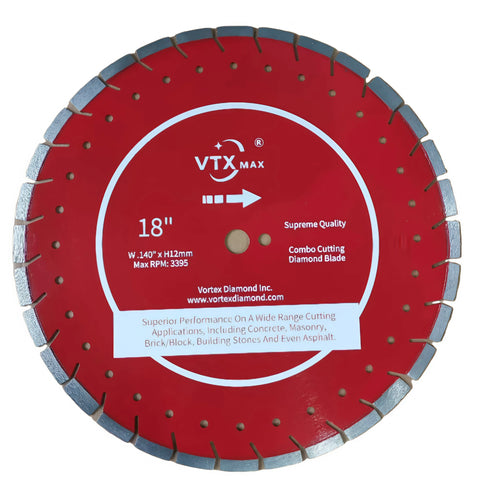 A red diamond saw blade with white segments designed for cutting various materials.