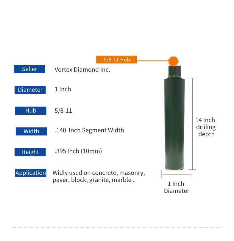 High - Efficiency 1 - 14 Inch Wet Diamond Core Drill Bits for General Purpose Applications - Vortex Diamond
