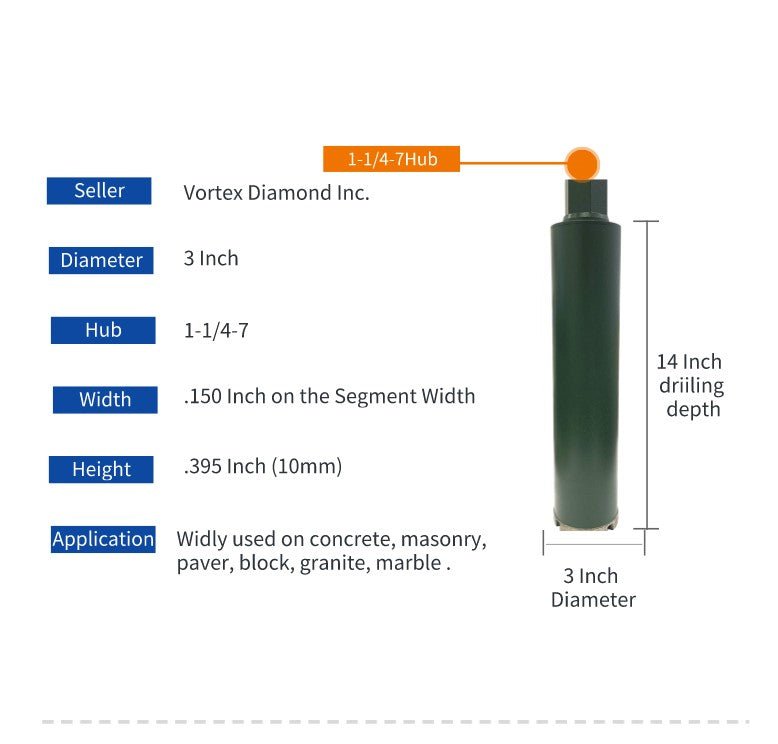 3-inch wet diamond core drill bit for tough material drilling