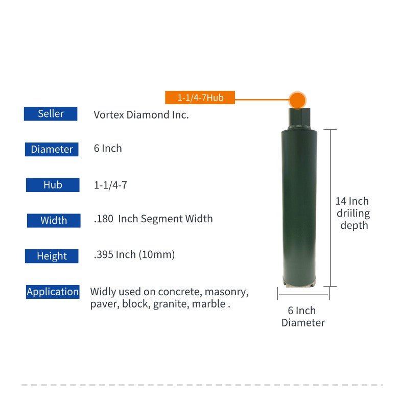6-inch wet diamond core drill bit for concrete, granite, and marble