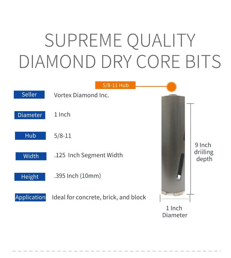 WPDB Dry Drill Core Bits with Diamond Aligned Segment for Brick Concrete Masonry - Vortex Diamond