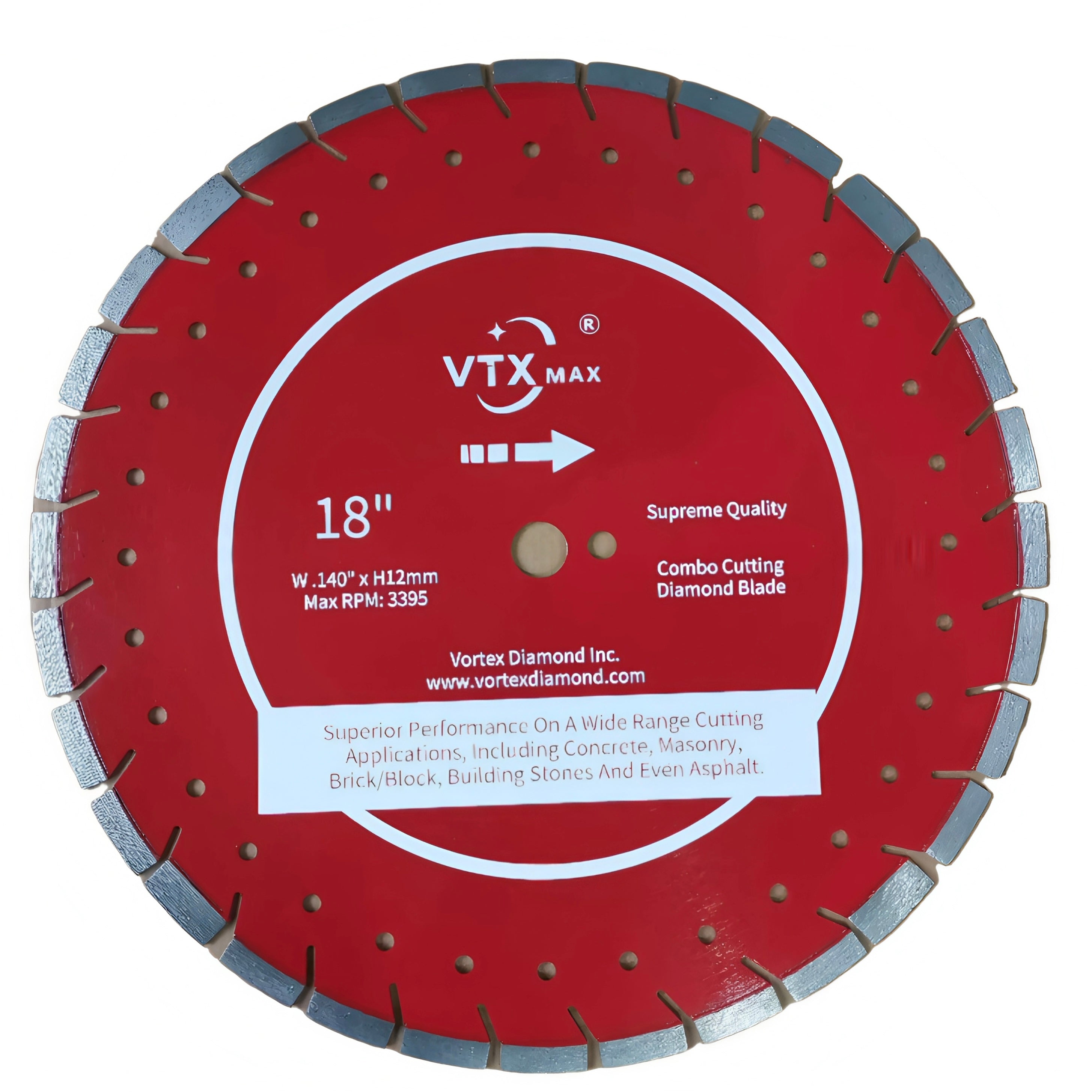 A red diamond saw blade with white segments designed for cutting various materials.